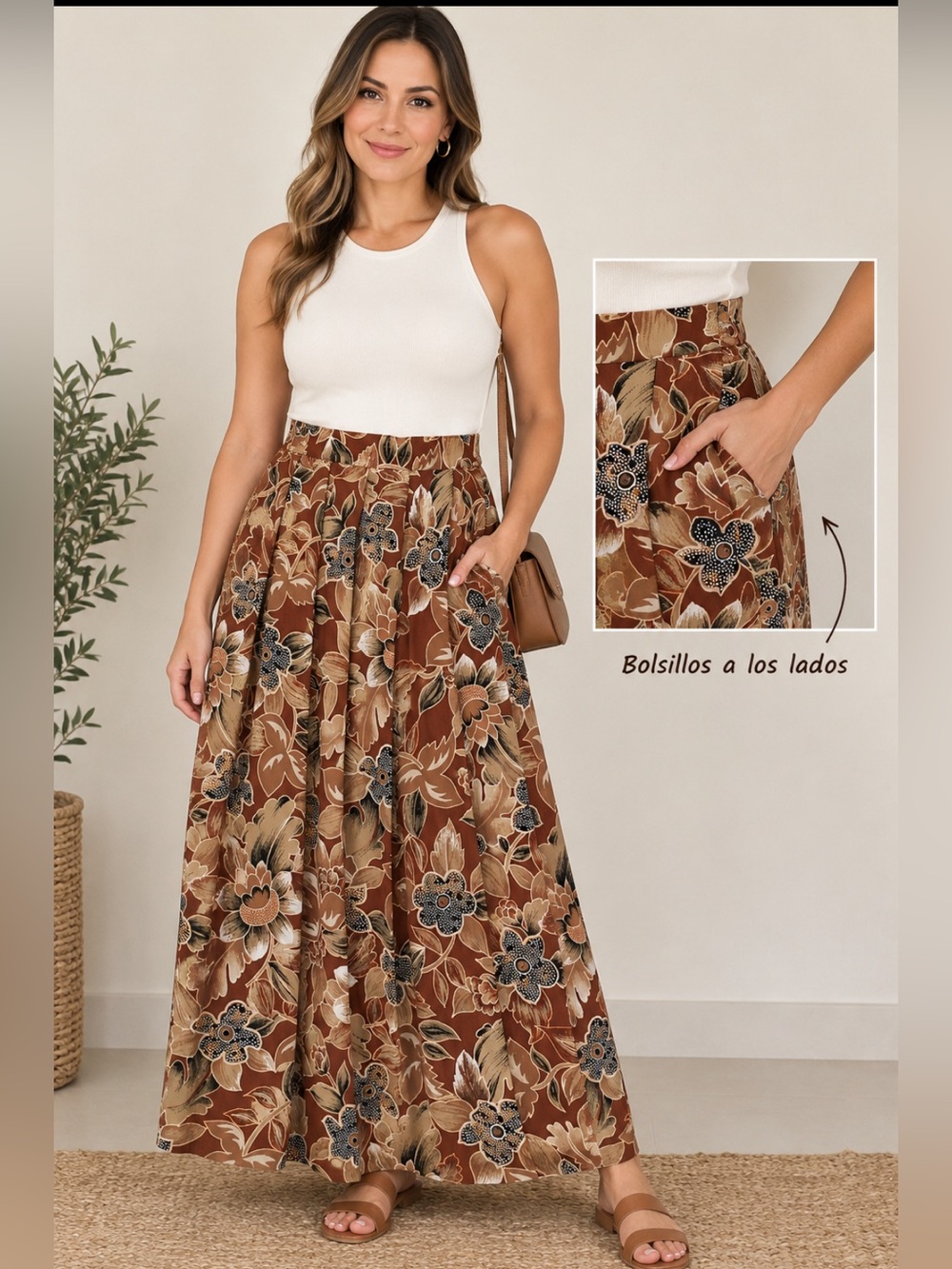 Vintage Koret 1990 Floral Maxi Skirt with Pockets - Brown